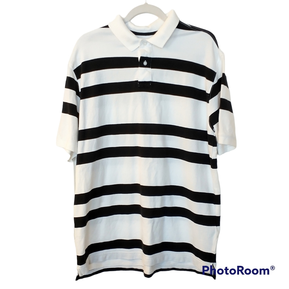 Men's Basic Editions Navy Blue and White Striped Short Sleeve Polo Shirt  Large
